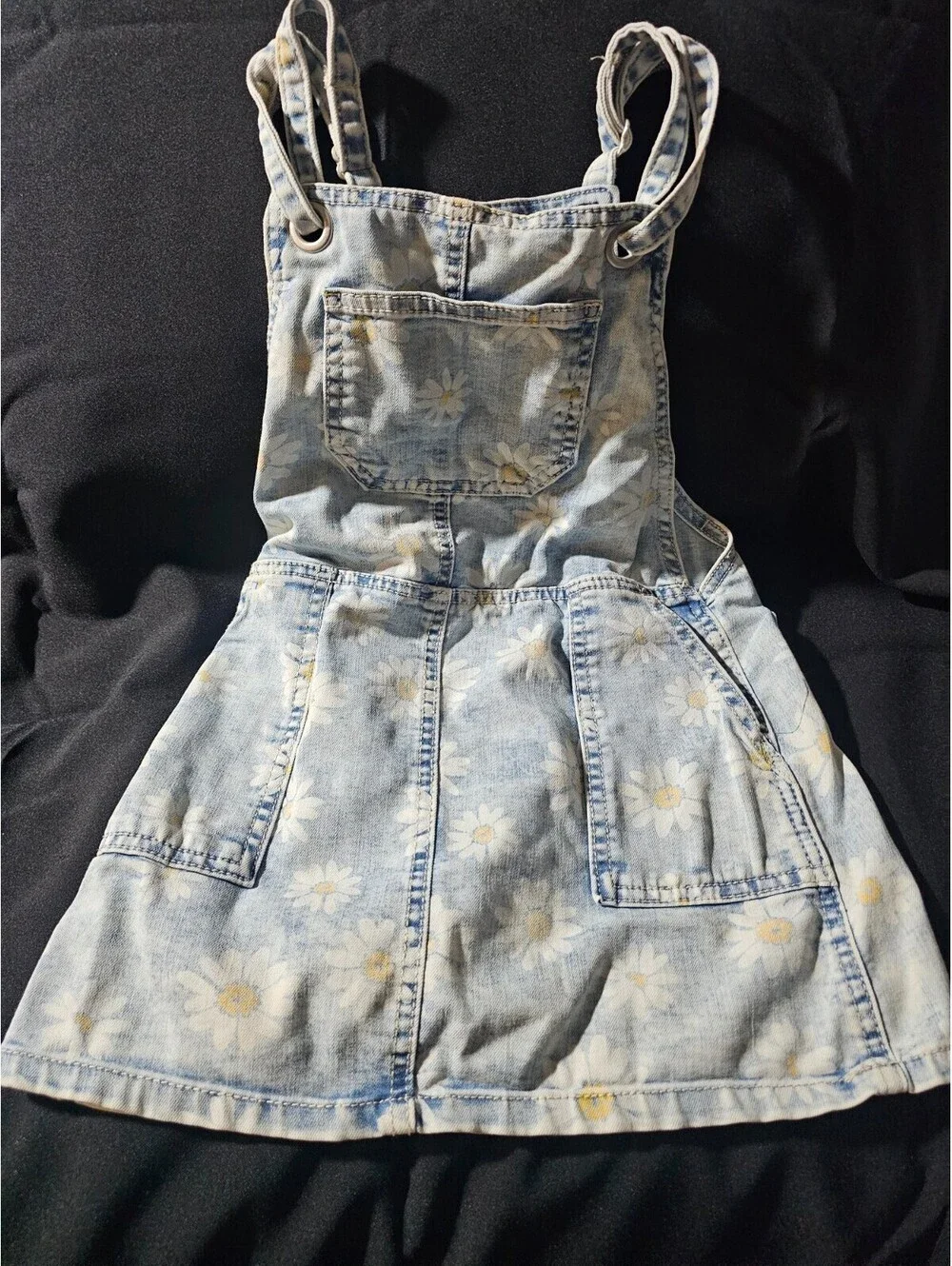 Girl's Cat & Jack Daisy Floral Overalls Dress Acid Wash Denim Size XS 4/5 Blue